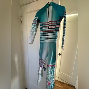 Spyder Women's Teal and White Patterned One-Piece Ski Suit with Pink Accents